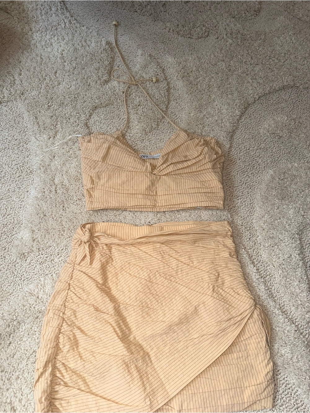 Zara Peach Striped Wrap Mini Skirt Set